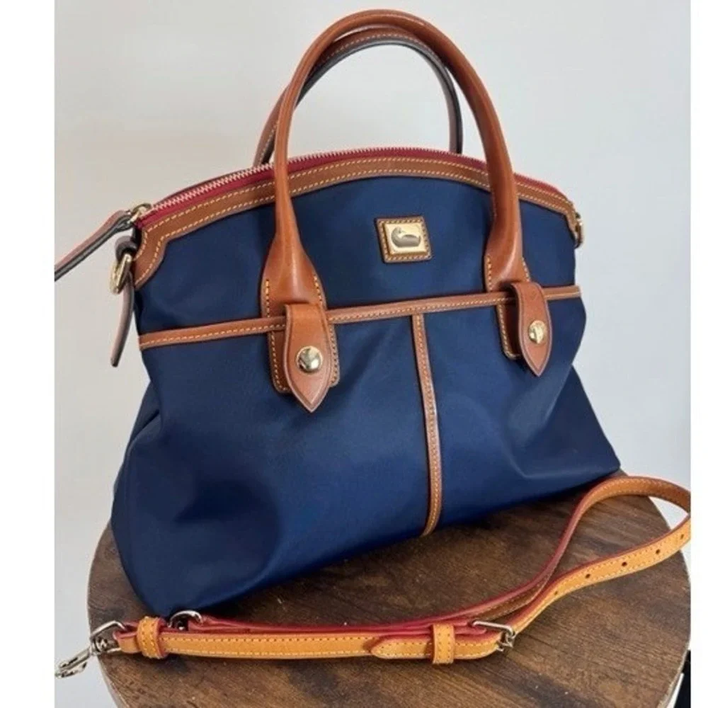 Dooney Bourke Navy Blue Wayfarer Domed Nylon Leather Trim Satchel Crossbody Bag